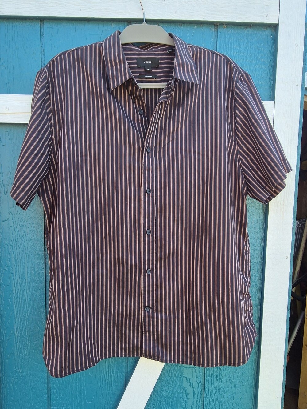 Vince Men's Classic Fit Striped Short Sleeve Button Front Shirt Large Navy Burgu
